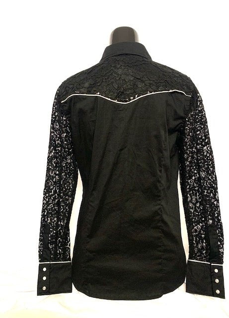 Camicia donna 13. Cotone maniche lunghe e sproni in pizzo. Bottoni a pressione. Profili argento lurex - Westline Country