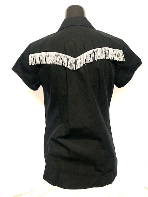 Camicia donna 15. Cotone mezza manica con frange e profili lurex argento. bottoni a pressione. - Westline Country