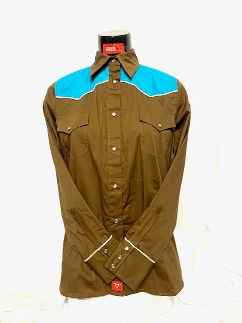 Camicia donna 11. Cotone. Manica lunga. Stile vintage con sproni e profili in contrasto. - Westline Country