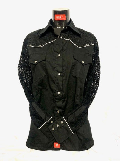 Camicia donna 13. Cotone maniche lunghe e sproni in pizzo. Bottoni a pressione. Profili argento lurex - Westline Country