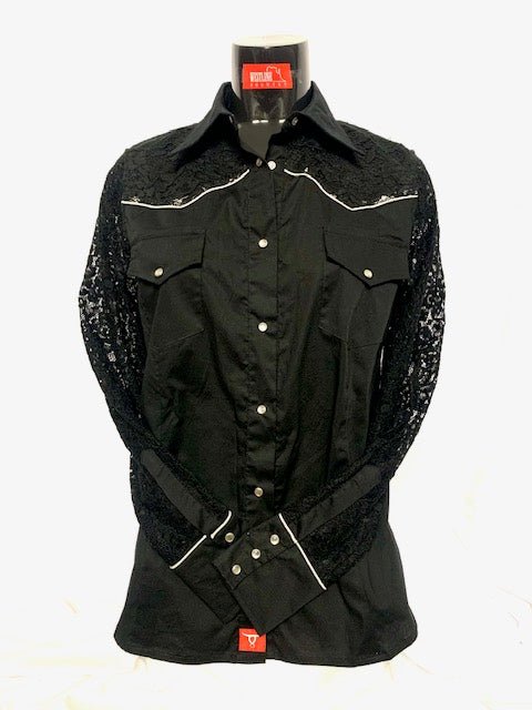 Camicia donna 13. Cotone maniche lunghe e sproni in pizzo. Bottoni a pressione. Profili argento lurex - Westline Country