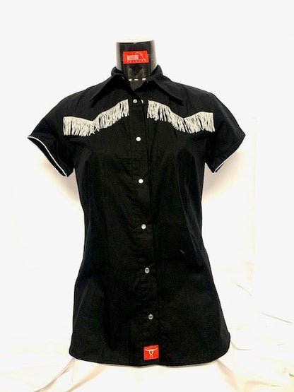 Camicia donna 15. Cotone mezza manica con frange e profili lurex argento. bottoni a pressione. - Westline Country