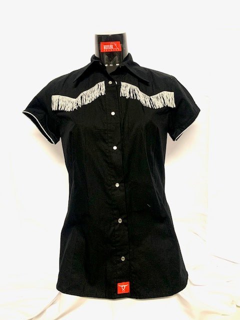 Camicia donna 15. Cotone mezza manica con frange e profili lurex argento. bottoni a pressione. - Westline Country